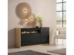 Aparadores para salón, 156x80x37 cm, 3 Puertas, Chimenea eléctrica, Negro y roble