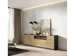 Aparadores para salón, 260x80x37 cm, 5 Puertas, Chimenea eléctrica, Roble y negro