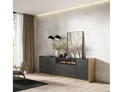 Aparadores para salón, 260x80x37 cm, 5 Puertas, Chimenea eléctrica, Negro y roble
