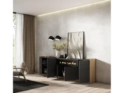 Aparadores para salón, 260x80x37 cm, 5 Puertas, Chimenea eléctrica, Negro y roble