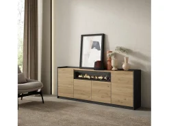 Aparadores para salón, 207x80x37 cm, 4 Puertas, Chimenea eléctrica, Roble y negro