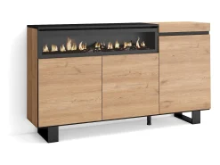 Aparadores para salón, 150x35x87cm, 3 Puertas, Chimenea eléctrica, Diseño industrial, Roble y negro