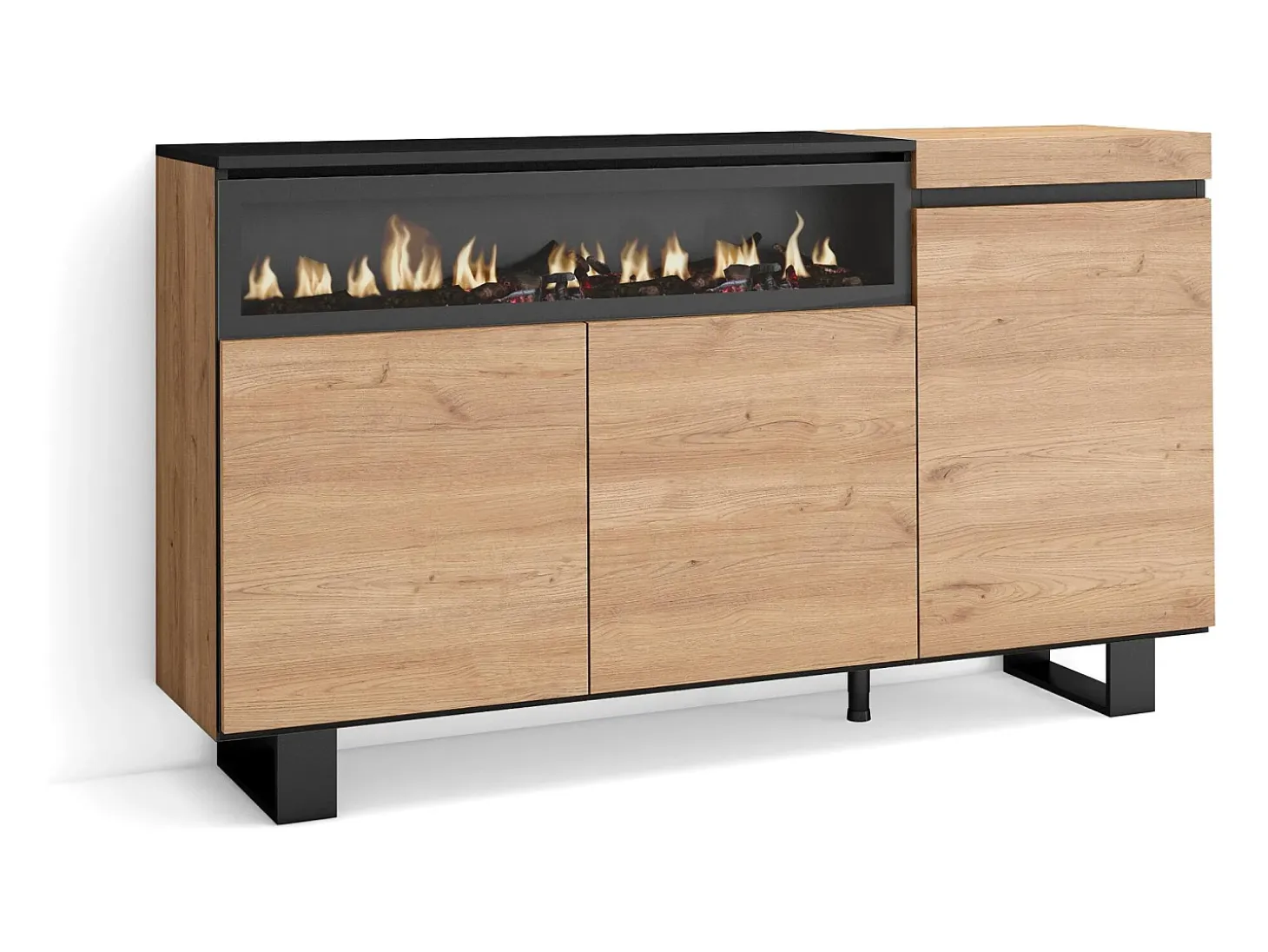 Aparadores para salón, 150x35x87cm, 3 Puertas, Chimenea eléctrica, Diseño industrial, Roble y negro