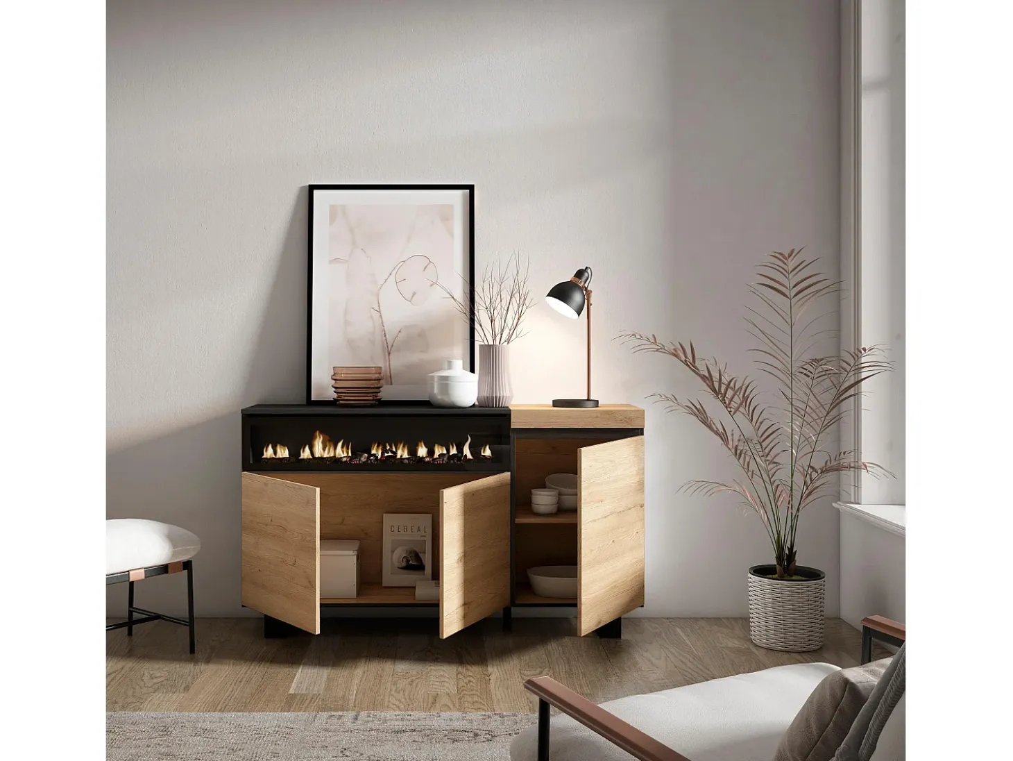 Aparadores para salón, 150x35x87cm, 3 Puertas, Chimenea eléctrica, Diseño industrial, Roble y negro