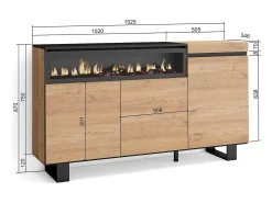 Aparadores para salón, 150x35x87cm, 3 Puertas, Chimenea eléctrica, Diseño industrial, Roble y negro