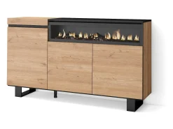 Aparadores para salón, 150x35x87cm, 3 Puertas, Chimenea eléctrica, Diseño industrial, Roble y negro