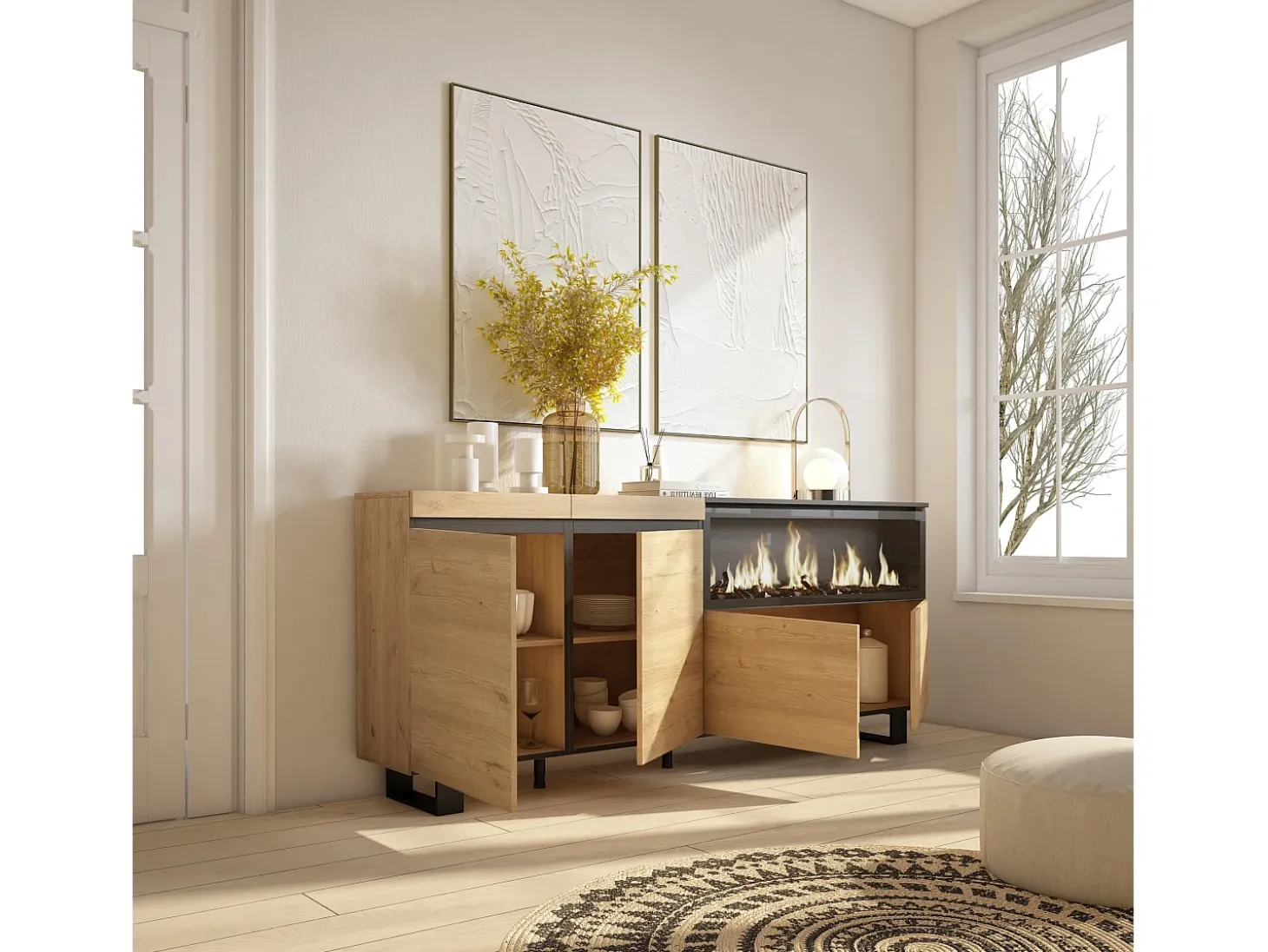 Aparadores para salón, 208x35x87cm, 4 Puertas, Chimenea eléctrica XXL, Diseño industrial, Roble