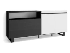 Aparadores para salón, 200x35x87cm, 4 Puertas, Diseño industrial, Blanco y negro