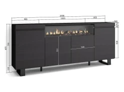 Aparadores para salón, 200x35x87cm, 4 Puertas, Chimenea eléctrica, Diseño industrial, Negro