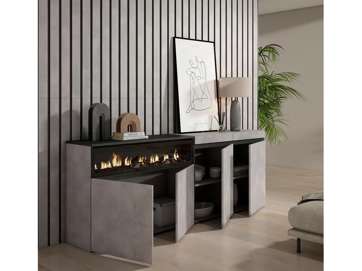 Aparadores para salón, 200x35x75cm, 4 Puertas, Chimenea eléctrica, Cemento