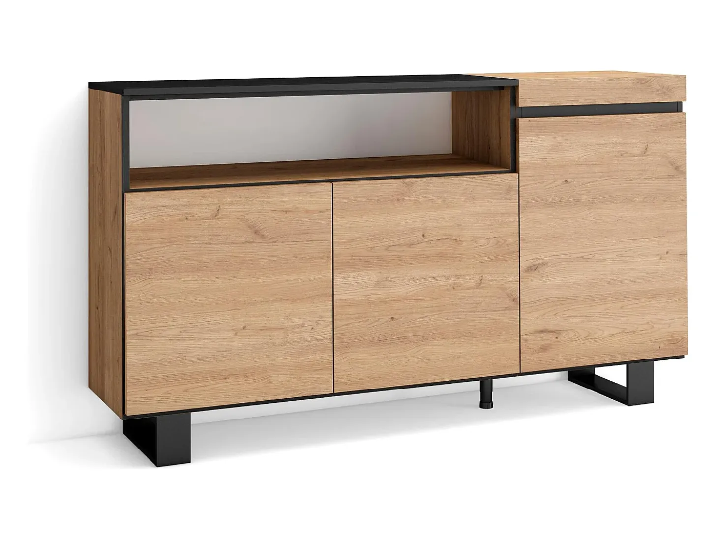 Aparadores para salón, 150x35x87cm, 3 Puertas, Diseño industrial, Roble y negro