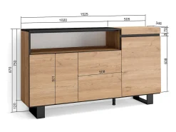 Aparadores para salón, 150x35x87cm, 3 Puertas, Diseño industrial, Roble y negro