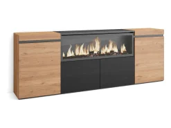 Aparadores para salón, 208x35x75cm, 4 Puertas, Chimenea eléctrica XXL, Roble y negro