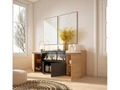 Aparadores para salón, 208x35x75cm, 4 Puertas, Chimenea eléctrica XXL, Roble y negro