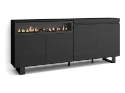 Aparadores para salón, 200x35x87cm, 4 Puertas, Chimenea eléctrica, Diseño industrial, Negro