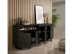Aparadores para salón, 200x35x87cm, 4 Puertas, Chimenea eléctrica, Diseño industrial, Negro