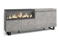 Aparadores para salón, 208x35x87cm, 4 Puertas, Chimenea eléctrica XXL, Diseño industrial, Cemento