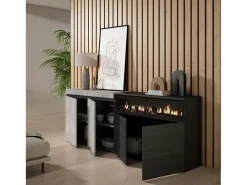 Aparadores para salón, 200x35x75cm, 4 Puertas, Chimenea eléctrica, Cemento