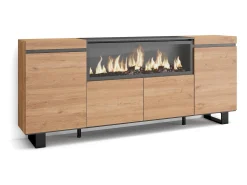 Aparadores para salón, 208x35x87cm, 4 Puertas, Chimenea eléctrica XXL, Diseño industrial, Roble