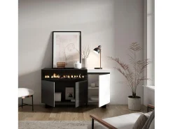 Aparadores para salón, 150x35x87cm, 3 Puertas, Chimenea eléctrica, Diseño industrial, Blanco y negro