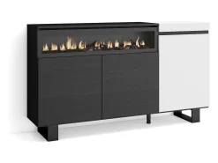 Aparadores para salón, 150x35x87cm, 3 Puertas, Chimenea eléctrica, Diseño industrial, Blanco y negro