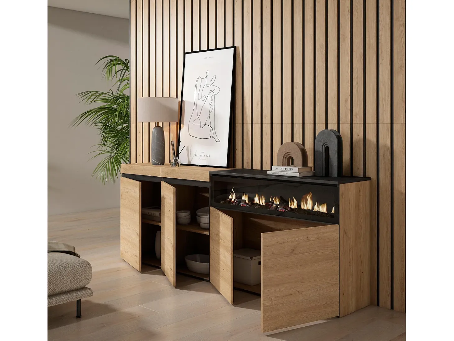 Aparadores para salón, 200x35x75cm, 4 Puertas, Chimenea eléctrica, Roble y negro