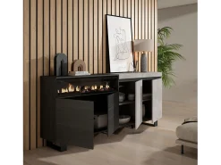 Aparadores para salón, 200x35x87cm, 4 Puertas, Chimenea eléctrica, Diseño industrial, Cemento