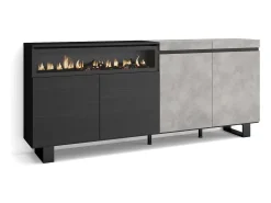 Aparadores para salón, 200x35x87cm, 4 Puertas, Chimenea eléctrica, Diseño industrial, Cemento