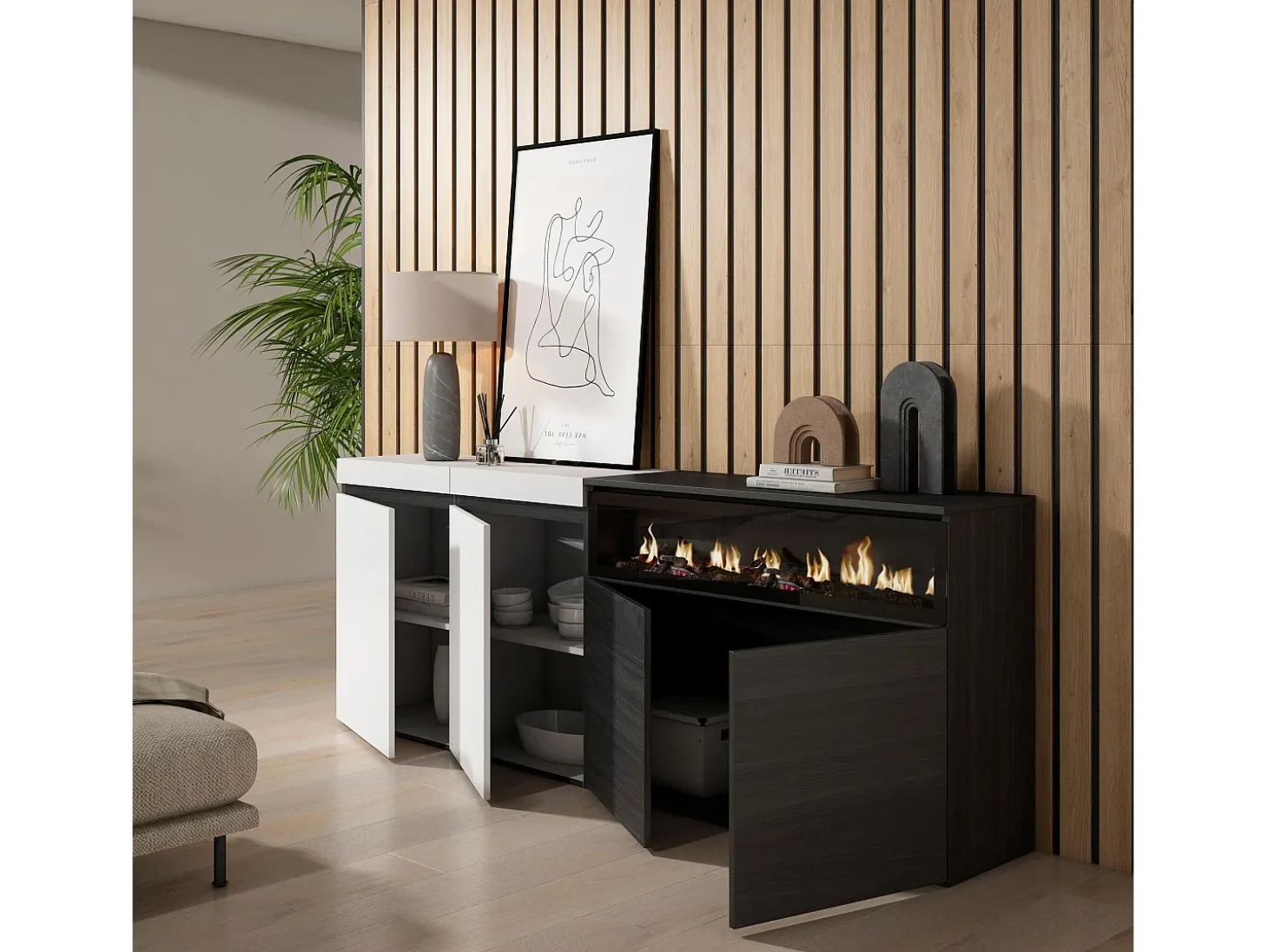 Aparadores para salón, 200x35x75cm, 4 Puertas, Chimenea eléctrica, Blanco y negro