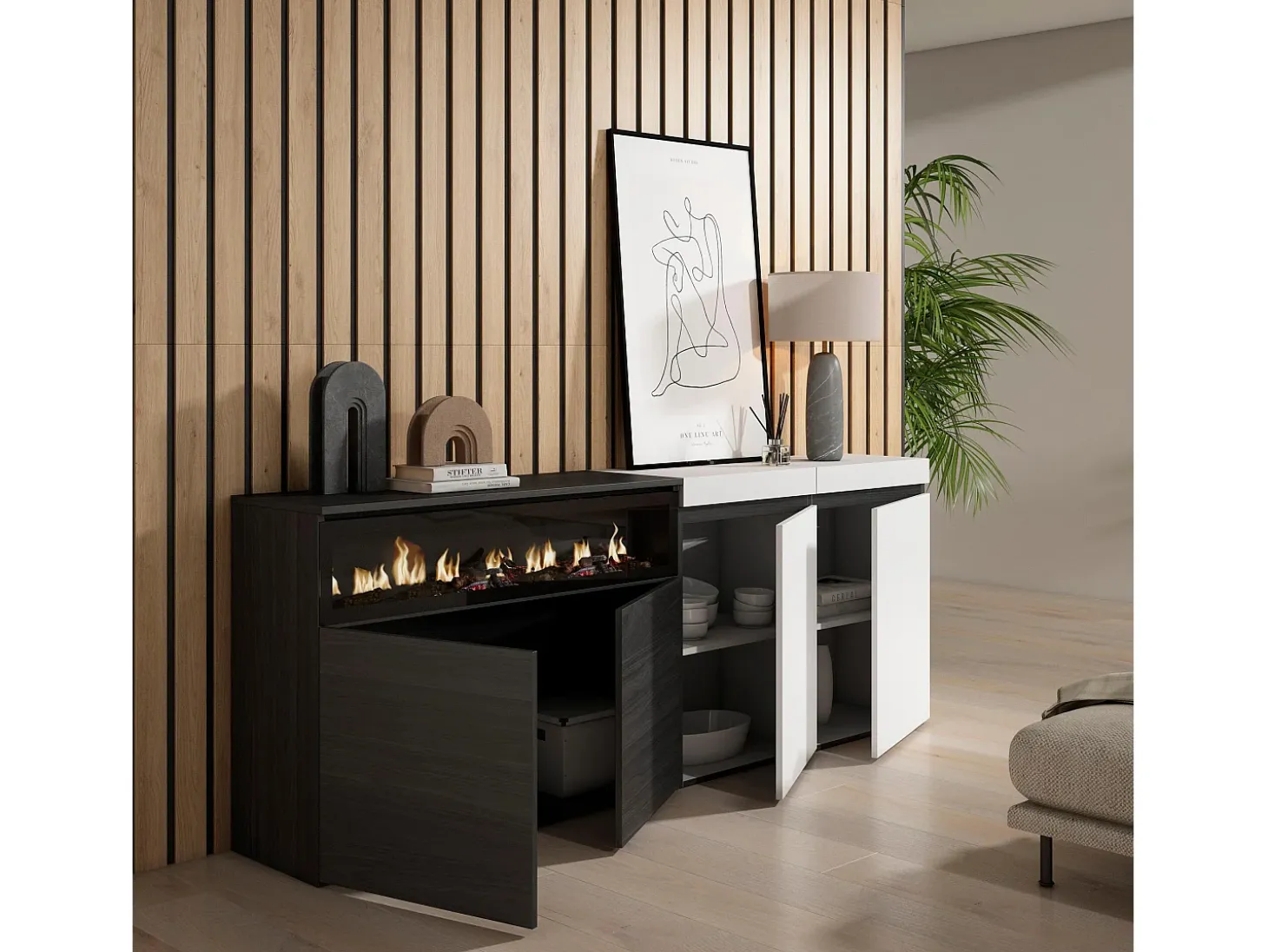 Aparadores para salón, 200x35x75cm, 4 Puertas, Chimenea eléctrica, Blanco y negro