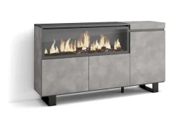 Aparadores para salón, 158x35x87cm, 3 Puertas, Chimenea eléctrica XXL, Diseño industrial, Cemento