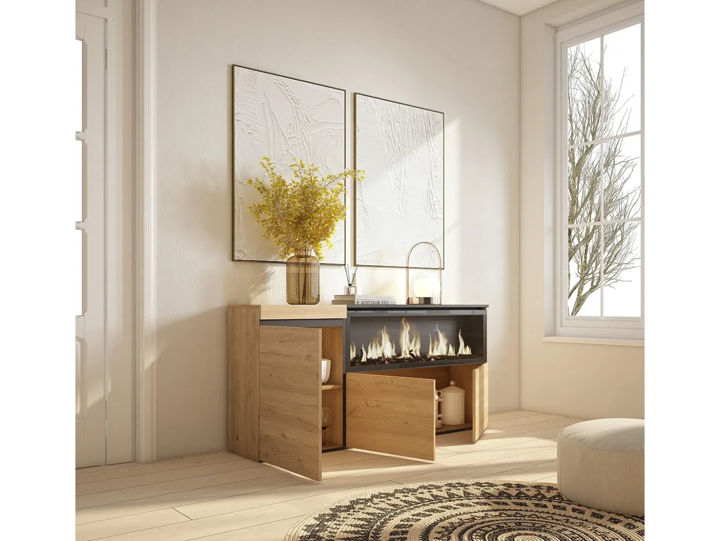 Aparadores para salón, 158x35x75cm, 3 Puertas, Chimenea eléctrica XXL, Roble