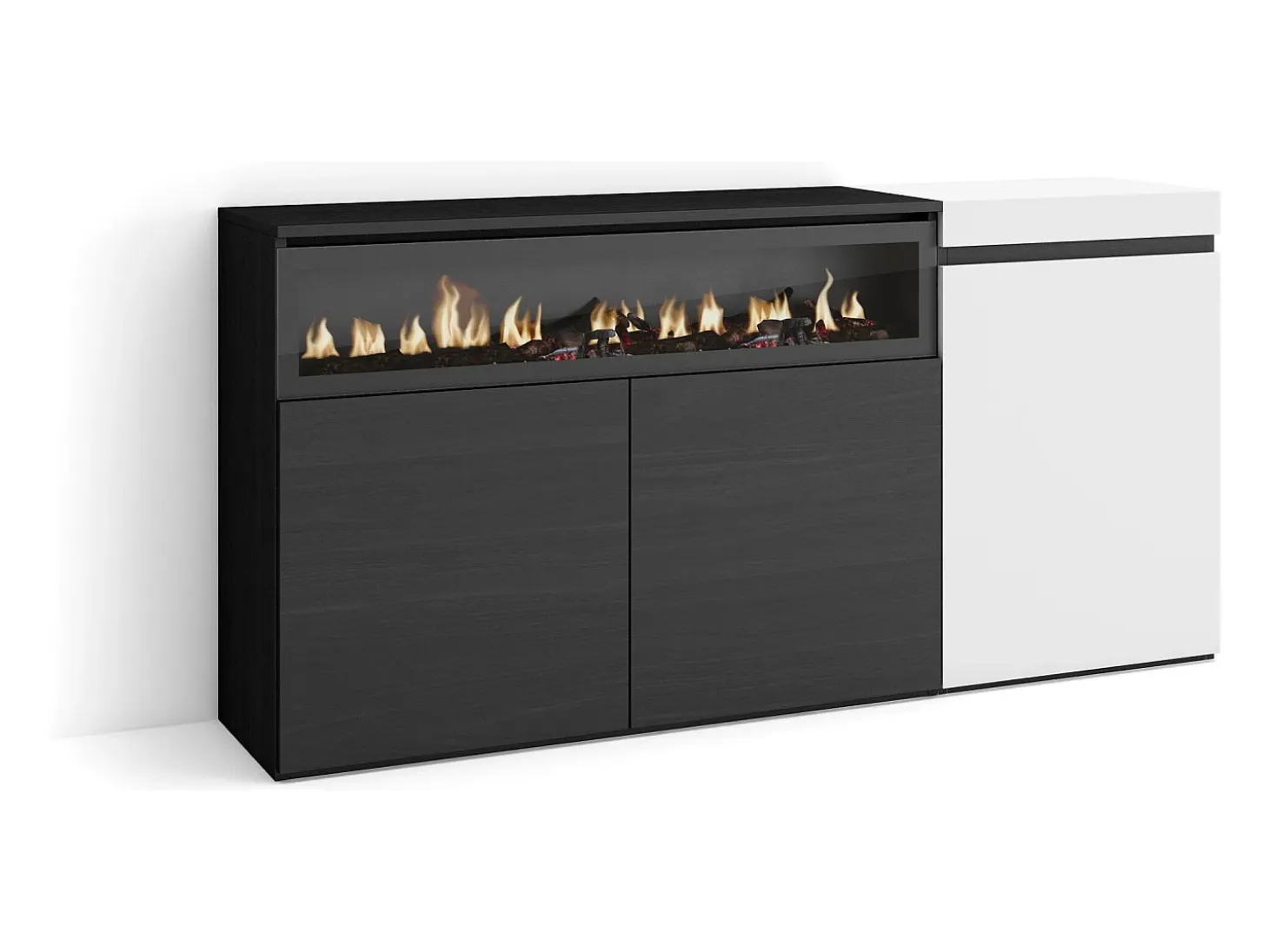 Aparadores para salón, 150x35x75cm, 3 Puertas, Chimenea eléctrica, Blanco y negro