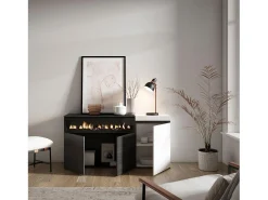 Aparadores para salón, 150x35x75cm, 3 Puertas, Chimenea eléctrica, Blanco y negro