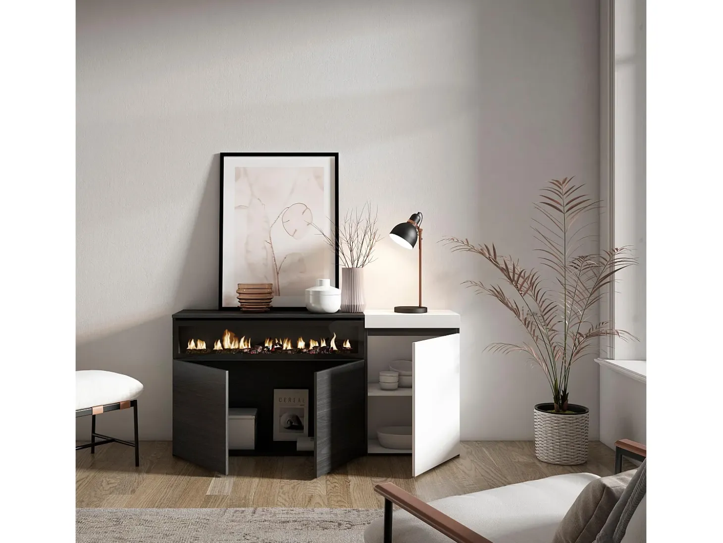 Aparadores para salón, 150x35x75cm, 3 Puertas, Chimenea eléctrica, Blanco y negro