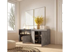 Aparadores para salón, 208x35x75cm, 4 Puertas, Chimenea eléctrica XXL, Cemento