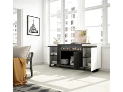 Aparadores para salón, 200x35x87cm, 4 Puertas, Chimenea eléctrica, Diseño industrial, Blanco y negro