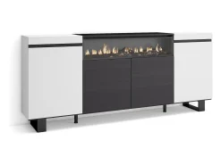 Aparadores para salón, 200x35x87cm, 4 Puertas, Chimenea eléctrica, Diseño industrial, Blanco y negro