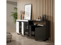 Aparadores para salón, 200x35x87cm, 4 Puertas, Diseño industrial, Blanco y negro