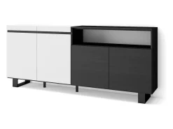 Aparadores para salón, 200x35x87cm, 4 Puertas, Diseño industrial, Blanco y negro