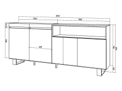 Aparadores para salón, 200x35x87cm, 4 Puertas, Diseño industrial, Blanco y negro