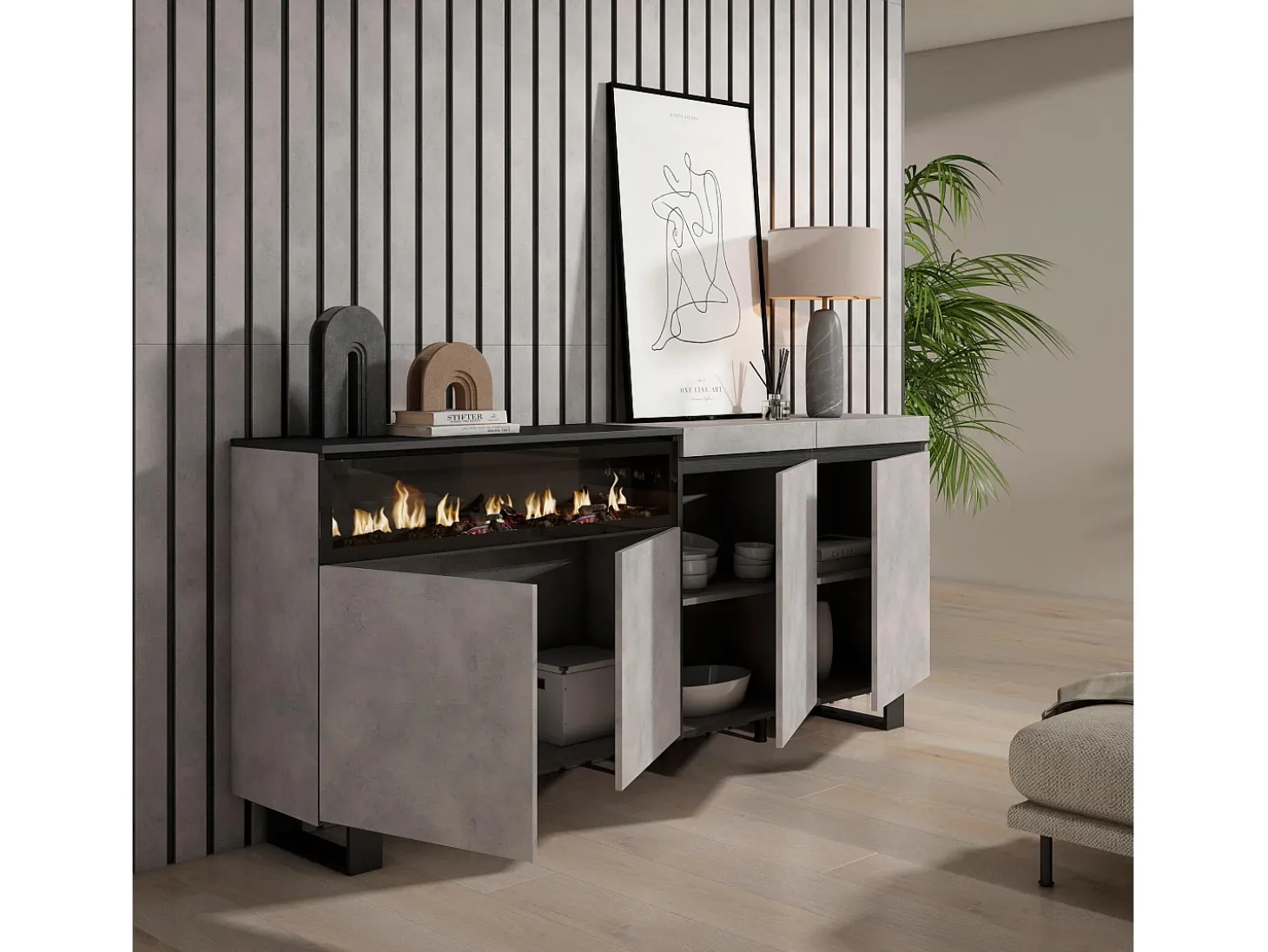 Aparadores para salón, 200x35x87cm, 4 Puertas, Chimenea eléctrica, Diseño industrial, Cemento
