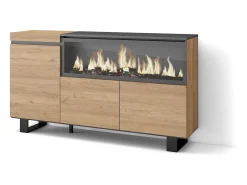 Aparadores para salón, 158x35x87cm, 3 Puertas, Chimenea eléctrica XXL, Diseño industrial, Roble