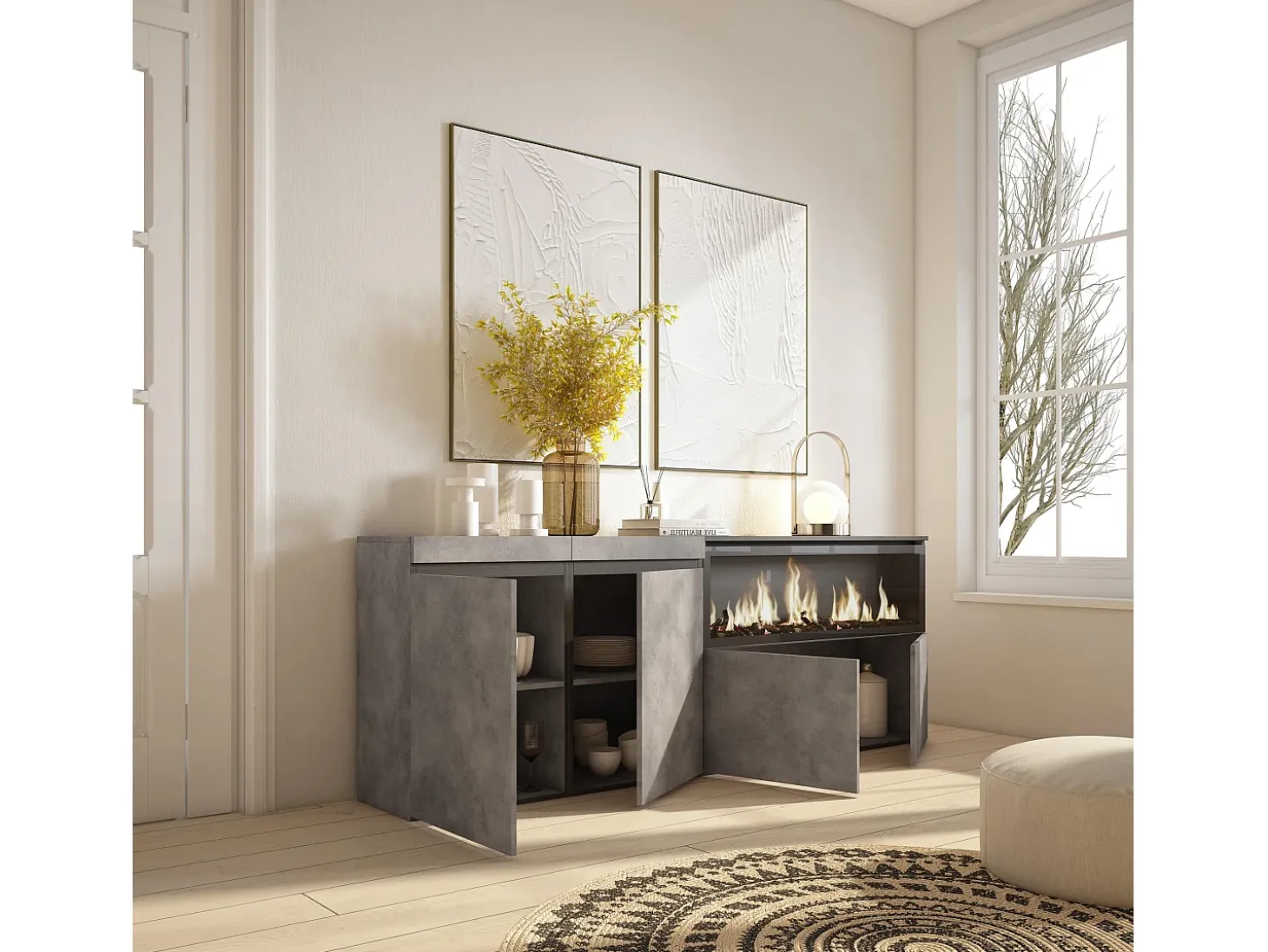 Aparadores para salón, 208x35x75cm, 4 Puertas, Chimenea eléctrica XXL, Cemento