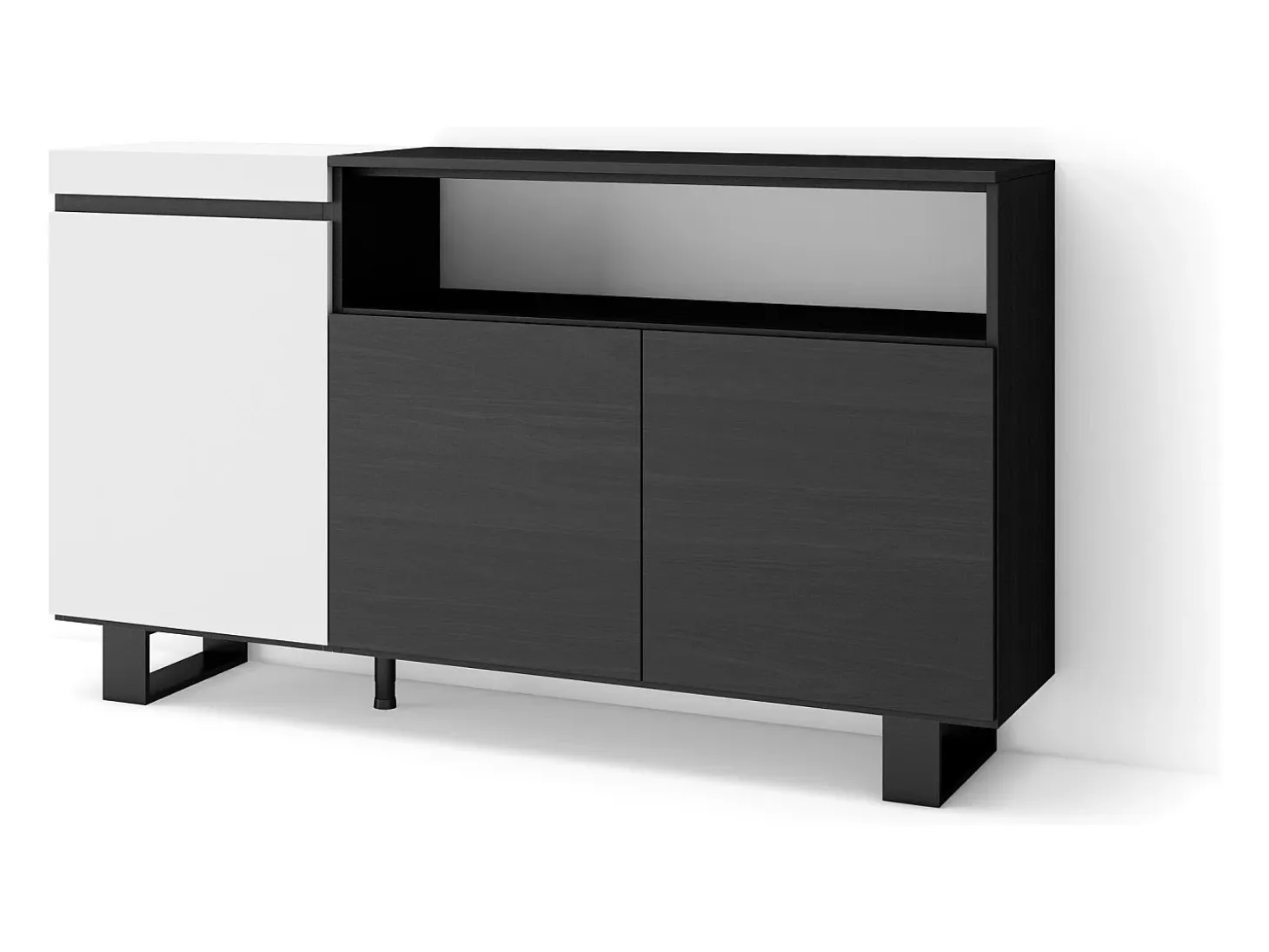 Aparadores para salón, 150x35x87cm, 3 Puertas, Diseño industrial, Blanco y negro