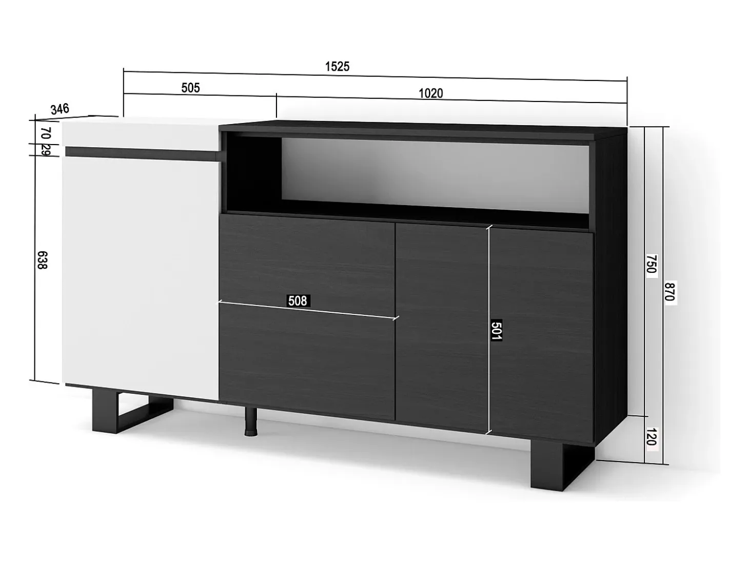 Aparadores para salón, 150x35x87cm, 3 Puertas, Diseño industrial, Blanco y negro
