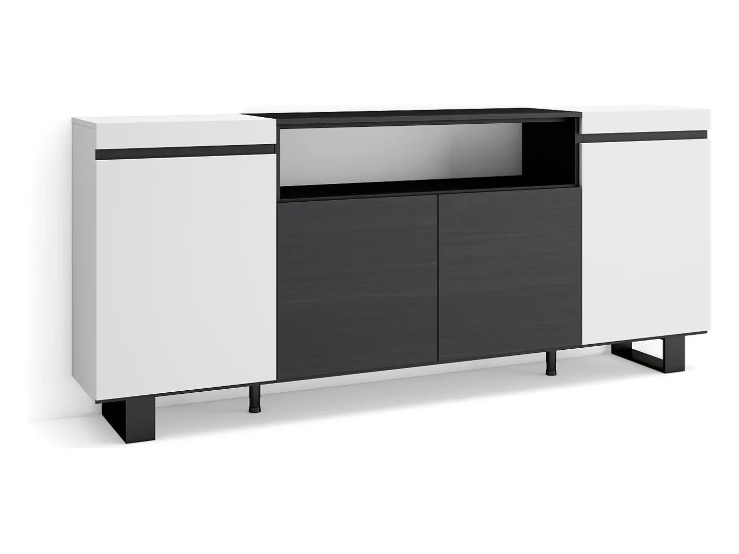 Aparadores para salón, 200x35x87cm, 4 Puertas, Diseño industrial, Blanco y negro