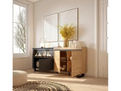 Aparadores para salón, 208x35x87cm, 4 Puertas, Chimenea eléctrica XXL, Diseño industrial, Roble y negro