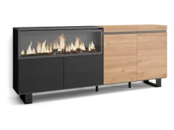 Aparadores para salón, 208x35x87cm, 4 Puertas, Chimenea eléctrica XXL, Diseño industrial, Roble y negro