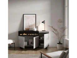 Aparadores para salón, 150x35x87cm, 3 Puertas, Chimenea eléctrica, Diseño industrial, Cemento